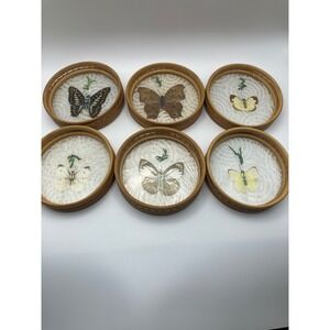 Vintage Bamboo Pressed‎ Butterfly Coaster Set Of Six With Holder MCM Retro READ